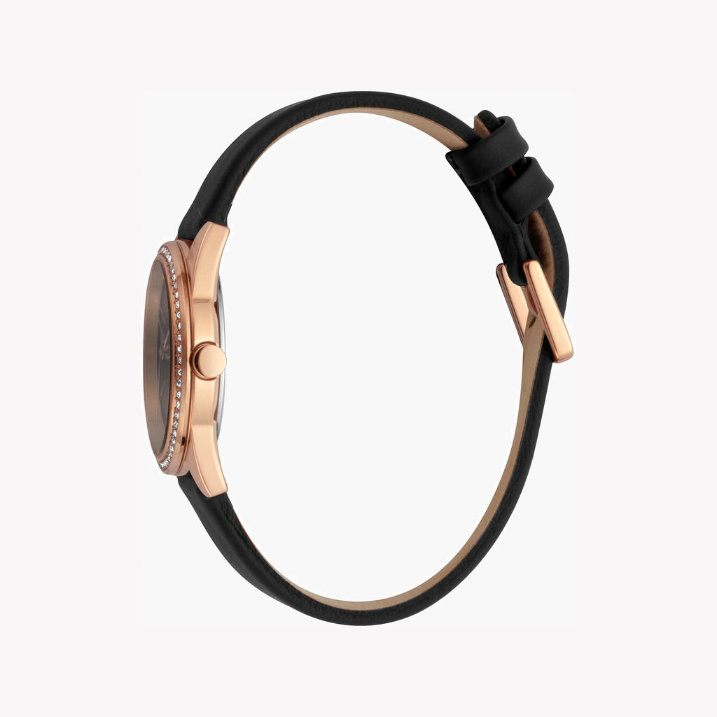ESPRIT Women's Watch with Rose Gold Stainless Steel Case and Black Leather Band