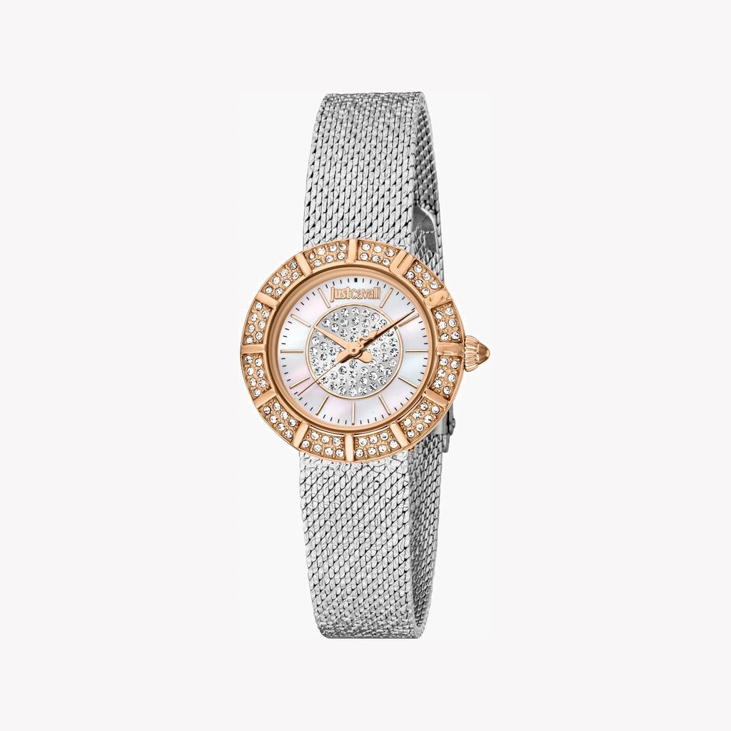 JUST CAVALLI Women's Watch with Silver & Rose Gold Stainless Steel Case and Silver Stainless Steel Band