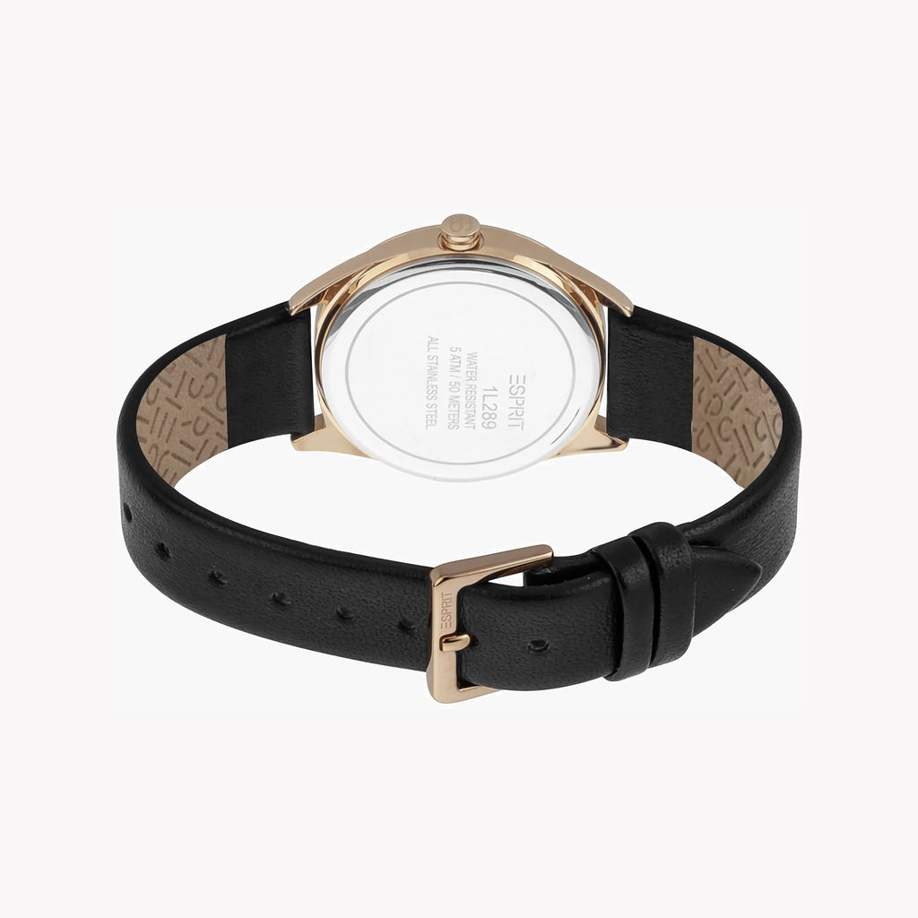 ESPRIT Women's Watch with Rose Gold Stainless Steel Case and Black Leather Band