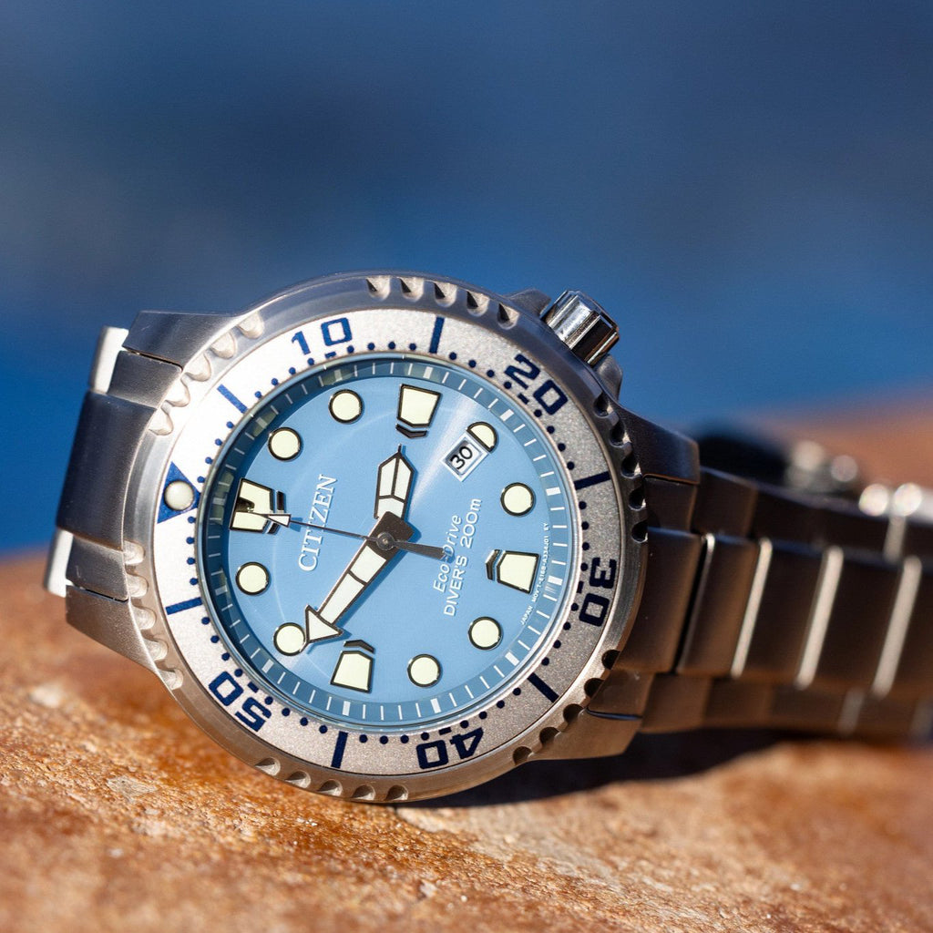 CITIZEN BN0165-55L RUGGED ELEGANCE - MEN'S DIVER WATCH WITH LIGHT BLUE DIAL & STAINLESS STEEL BAND