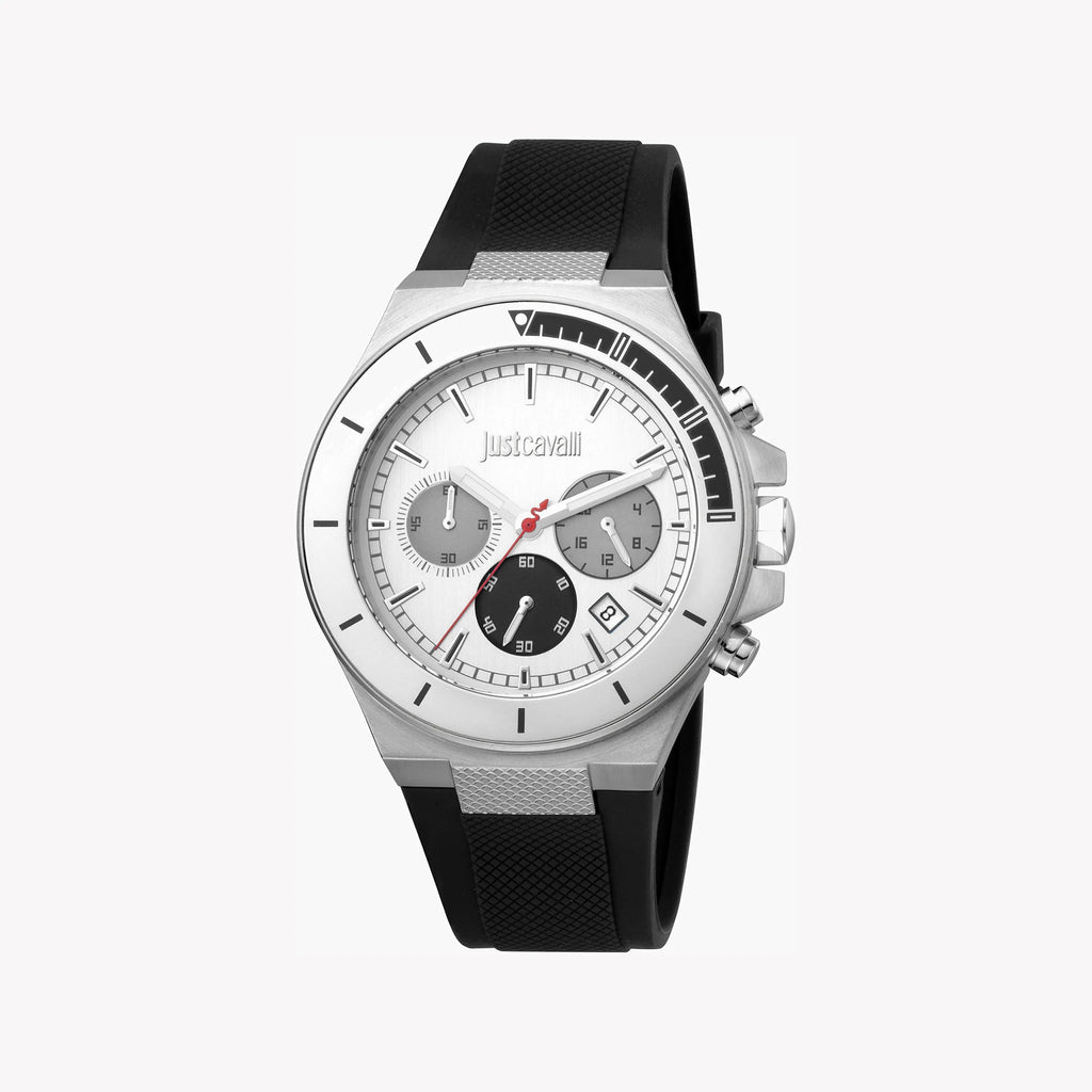 JUST CAVALLI JC1G139P0015 - ELEGANT SILVER DIAL MEN'S WATCH WITH BLACK SILICONE BAND
