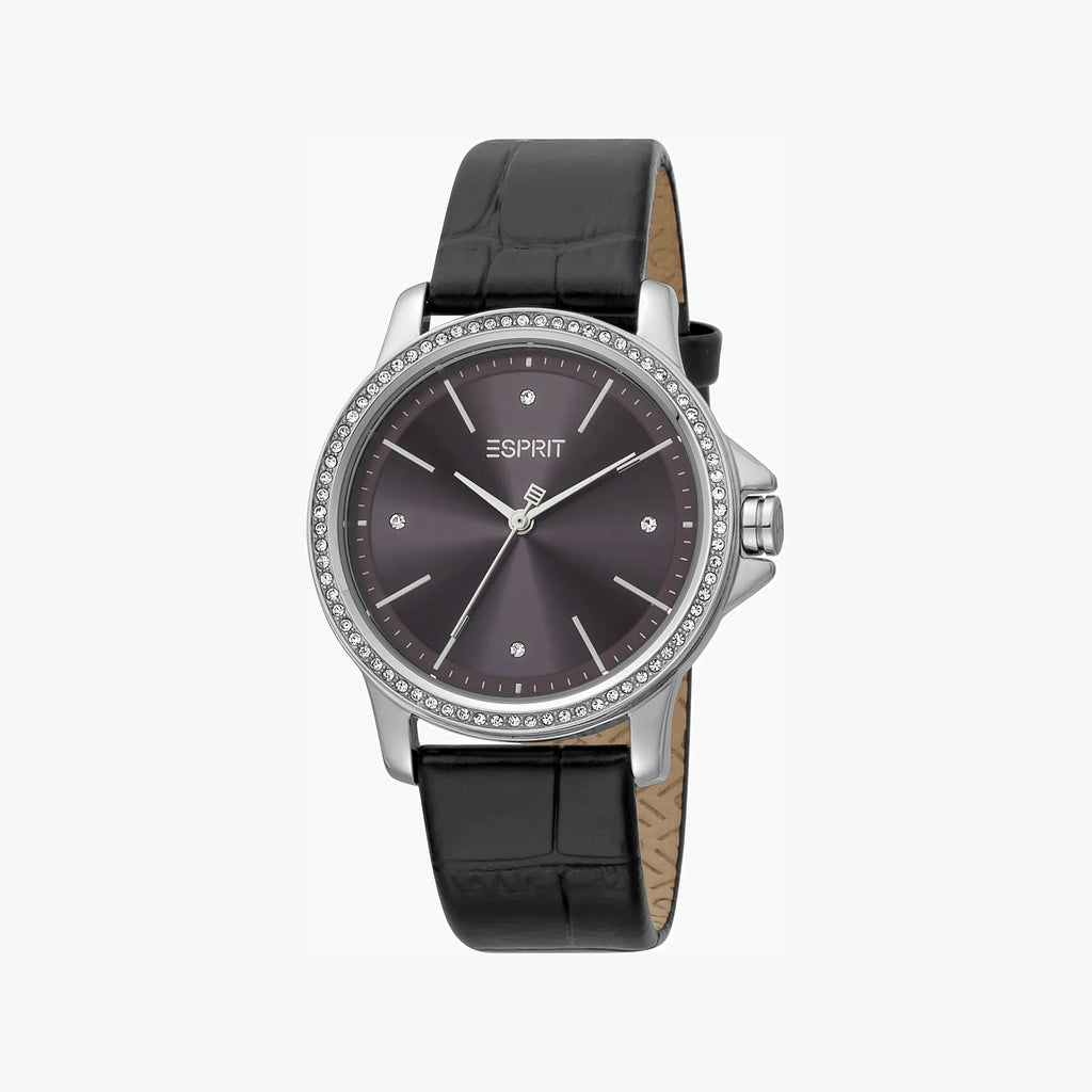 ESPRIT Women's Watch with Silver Stainless Steel Case and Black Leather Band