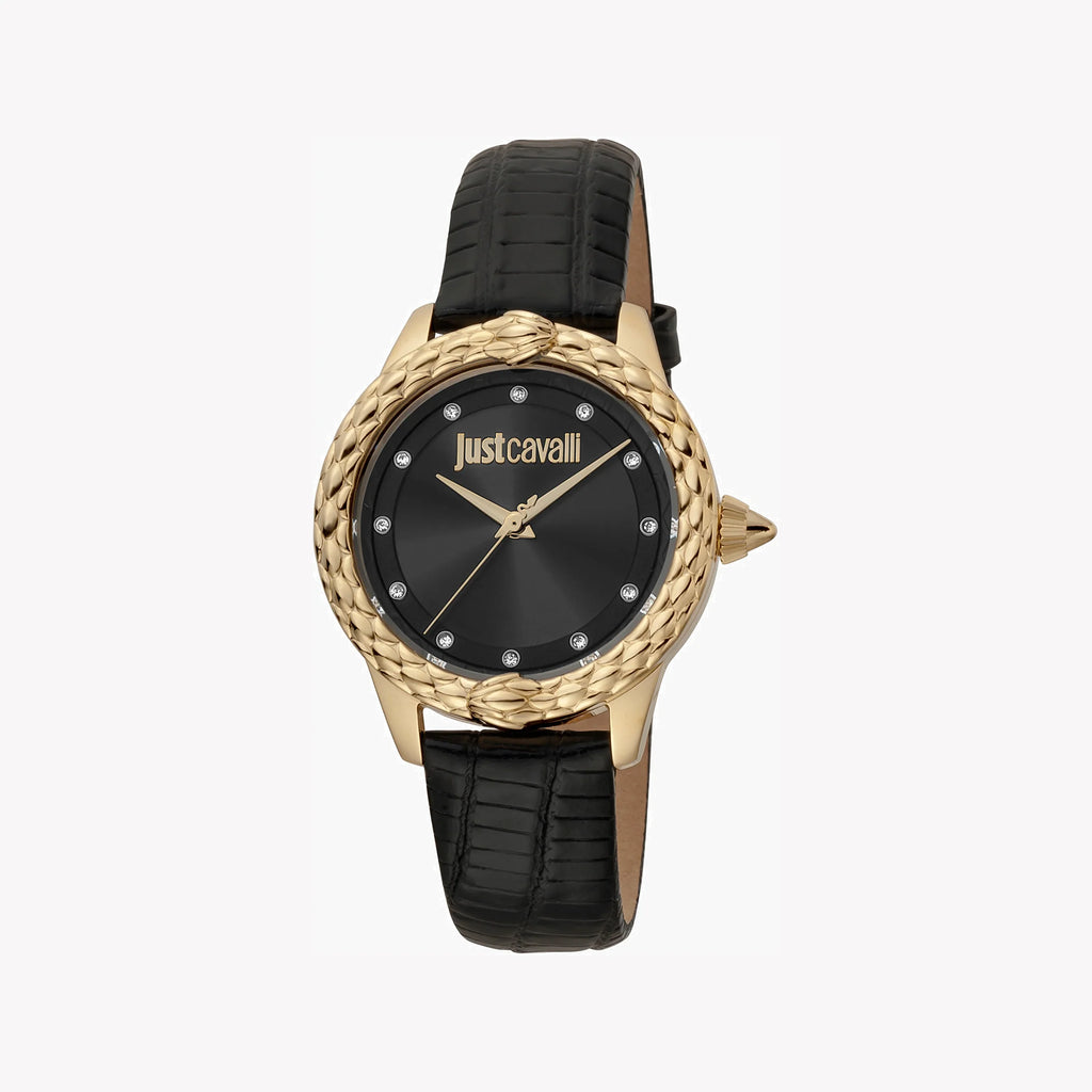 JUST CAVALLI Women's Watch with Gold Stainless Steel Case and Black Leather Band