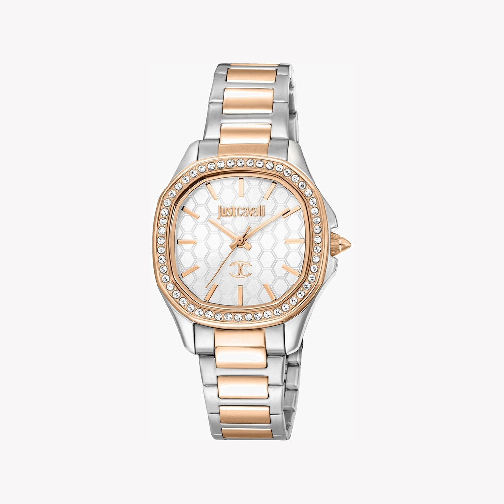 JUST CAVALLI Women's Watch with Silver & Rose Gold Stainless Steel Case and Silver & Rose Gold Stainless Steel Band
