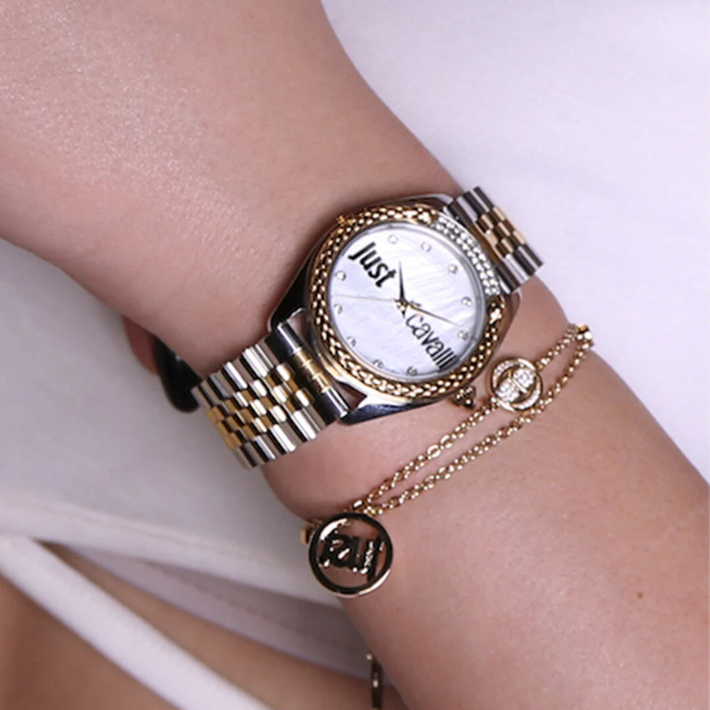 JUST CAVALLI Women's Watch with Silver & Gold Stainless Steel Case and Silver & Rose Gold Stainless Steel Band