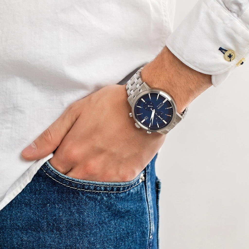 CITIZEN CA7060-88L ELEGANCE - MENS ECO-DRIVE CHRONOGRAPH TIMEPIECE WITH BLUE DIAL & STAINLESS STEEL BAND