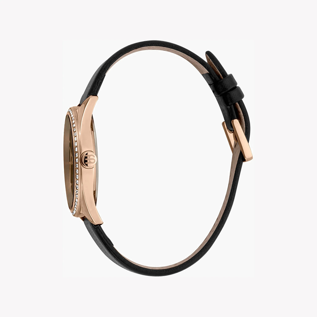 ESPRIT Women's Watch with Rose Gold Stainless Steel Case and Black Leather Band