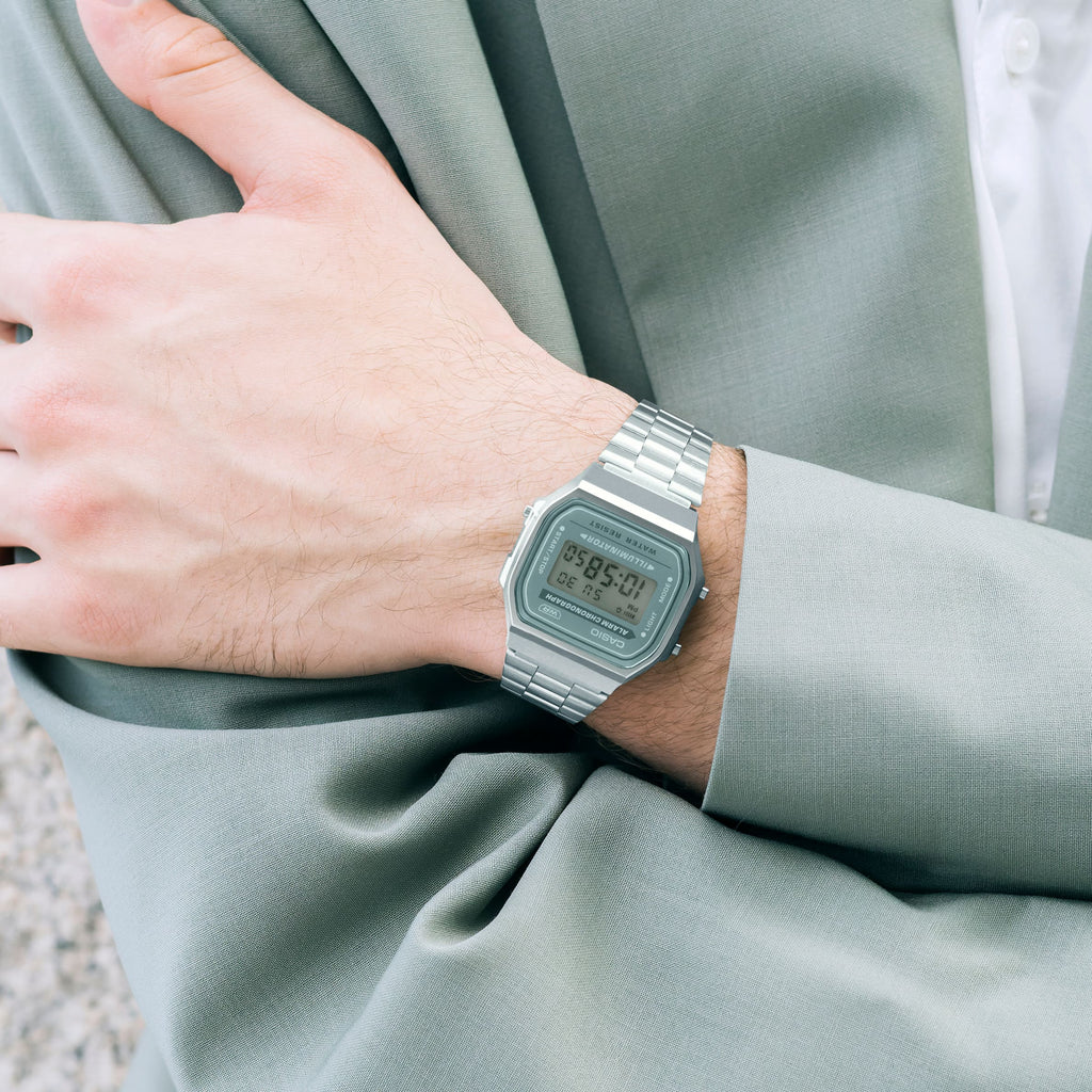 CASIO A168WA-3AYDF - ELEGANT ADVENTURER UNISEX WATCH with sleek silver design, digital display, and stainless steel band