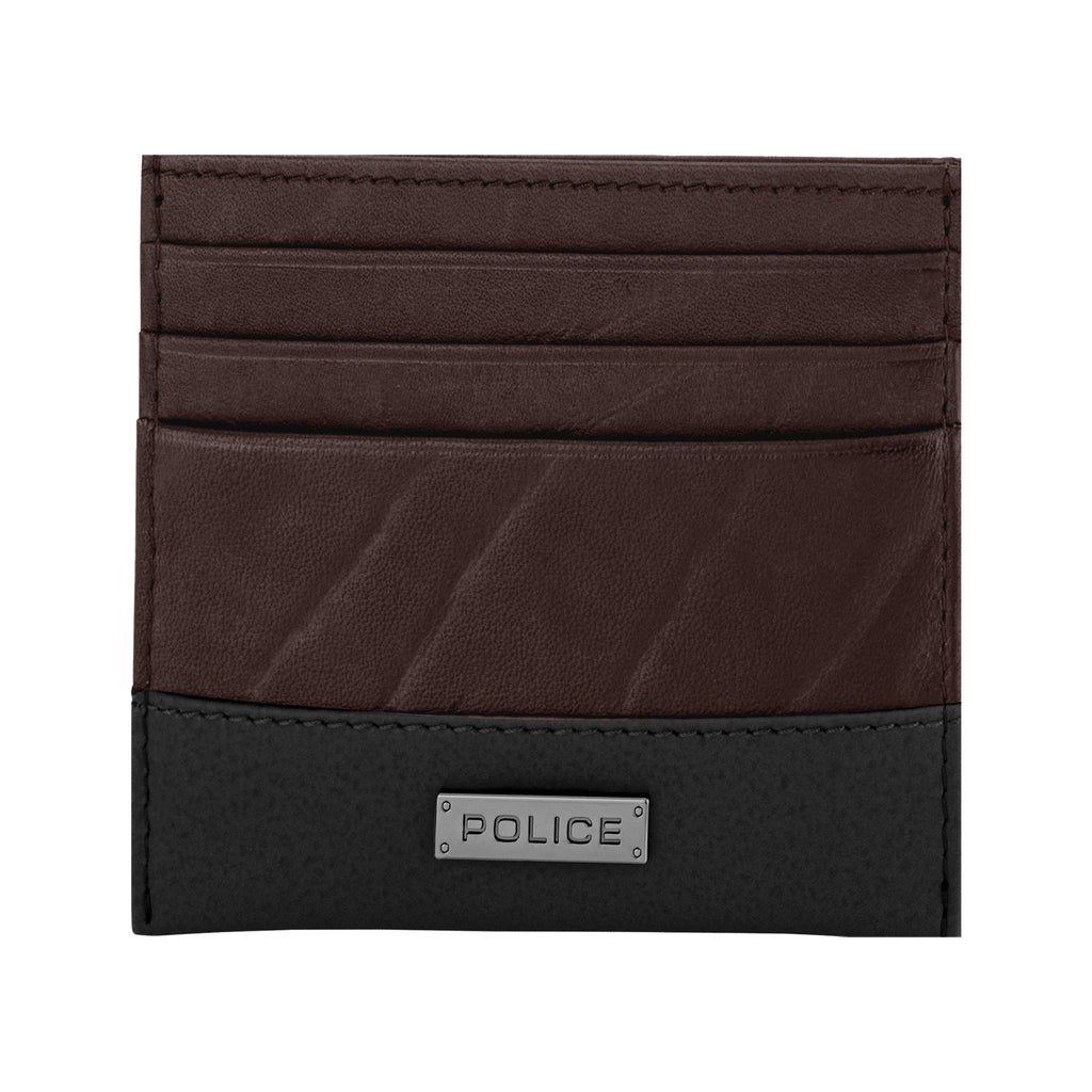 a brown and black card case with a police logo on it