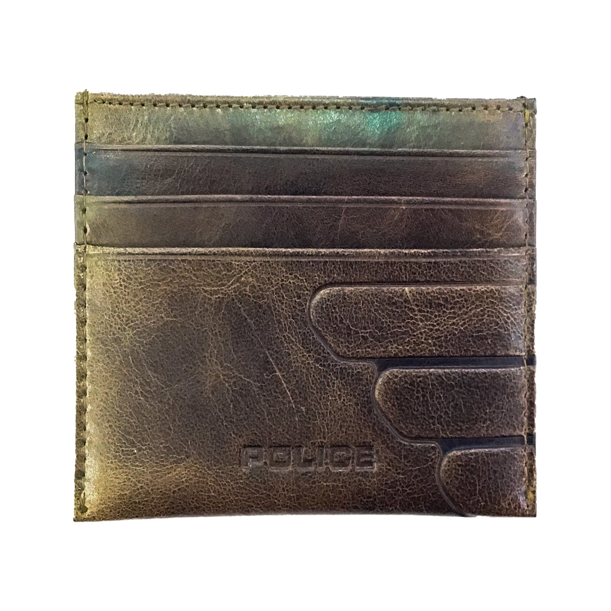 a brown leather card case with a green logo on it