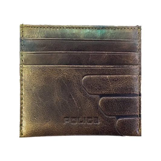 a brown leather card case with a green logo on it